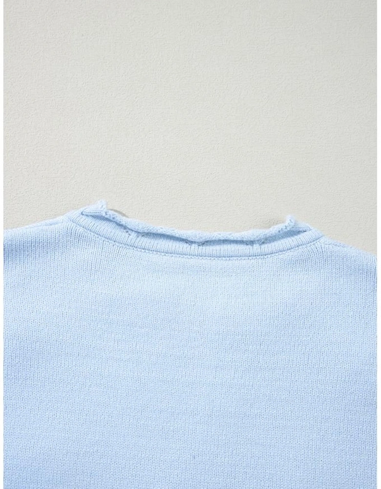 Beau Blue Flower Detail Knitted Notched Neck Sweater