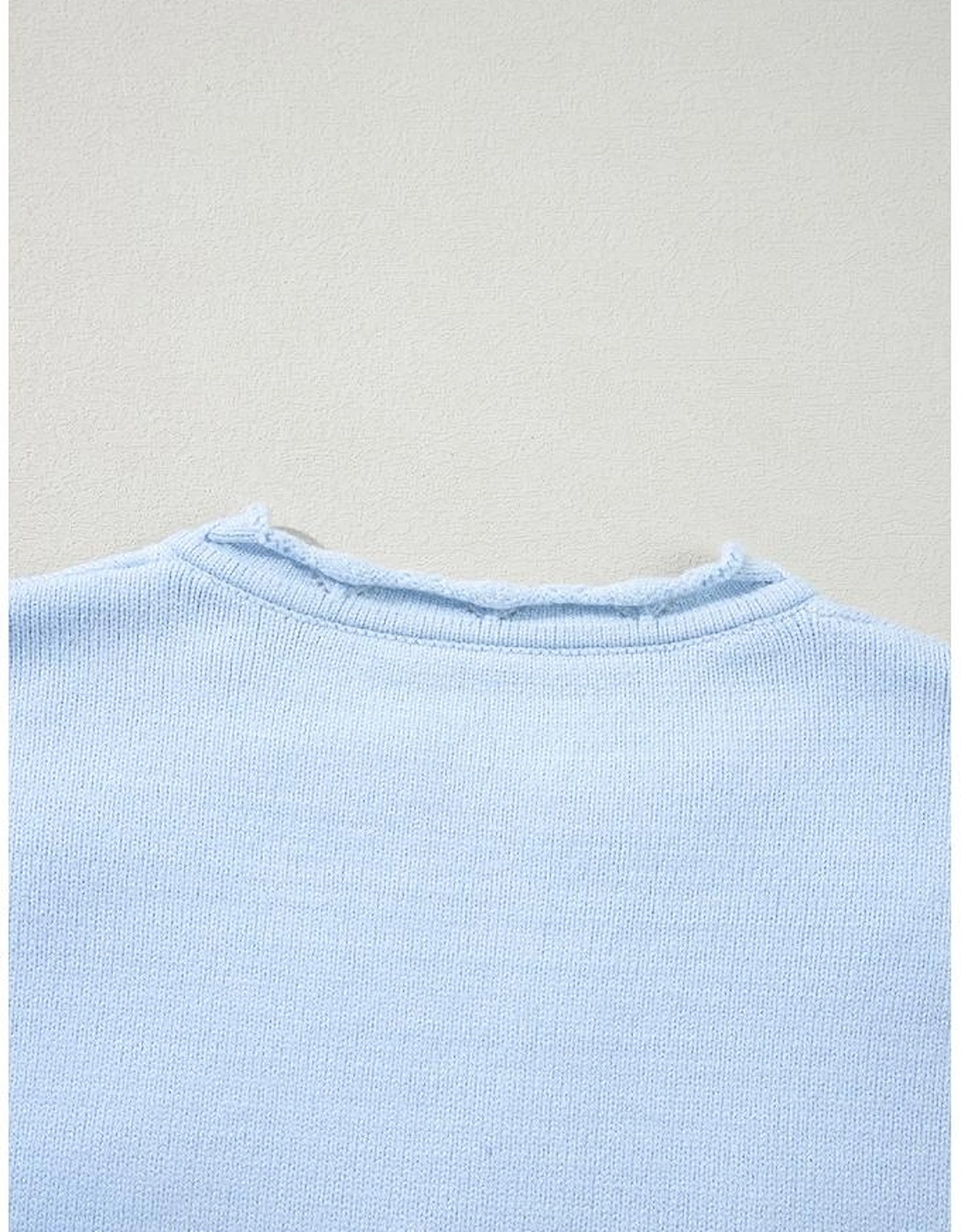 Beau Blue Flower Detail Knitted Notched Neck Sweater