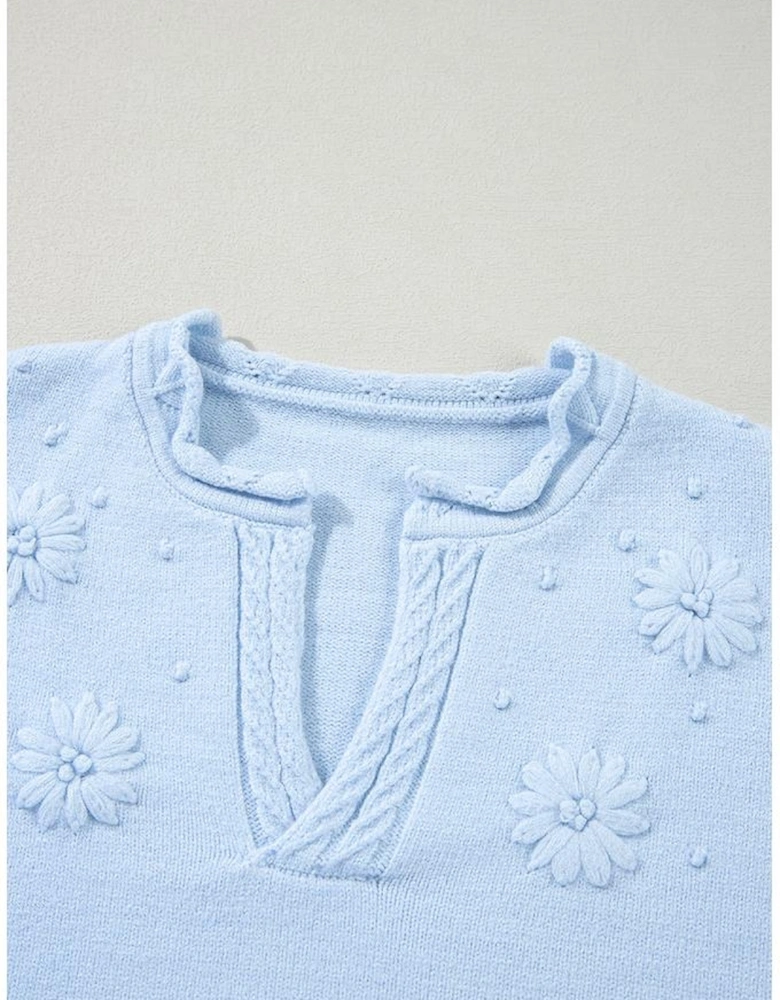 Beau Blue Flower Detail Knitted Notched Neck Sweater