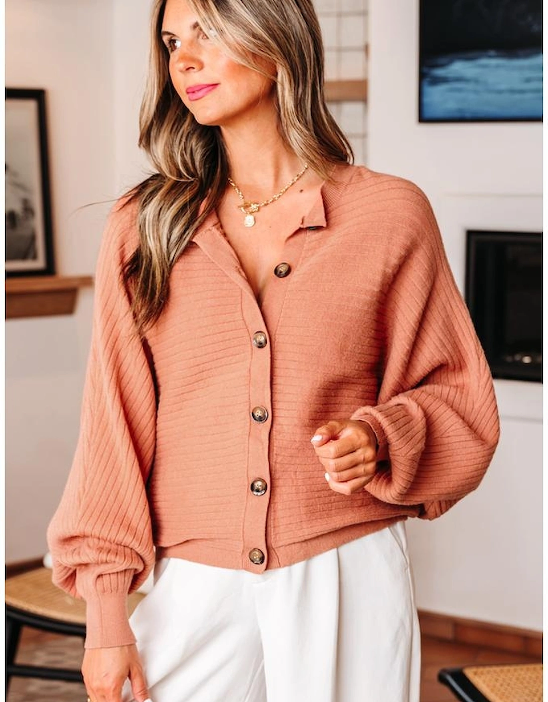 Apricot Pink Wide Rib Knit Button Front Dolman Sleeve Sweater Cardigan