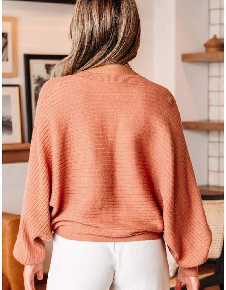 Apricot Pink Wide Rib Knit Button Front Dolman Sleeve Sweater Cardigan