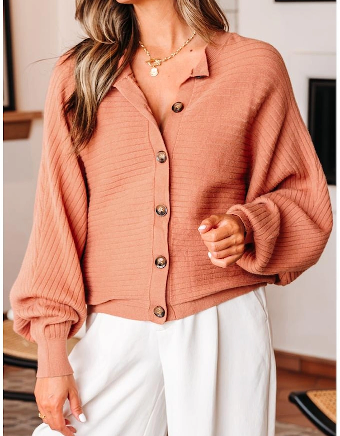 Apricot Pink Wide Rib Knit Button Front Dolman Sleeve Sweater Cardigan
