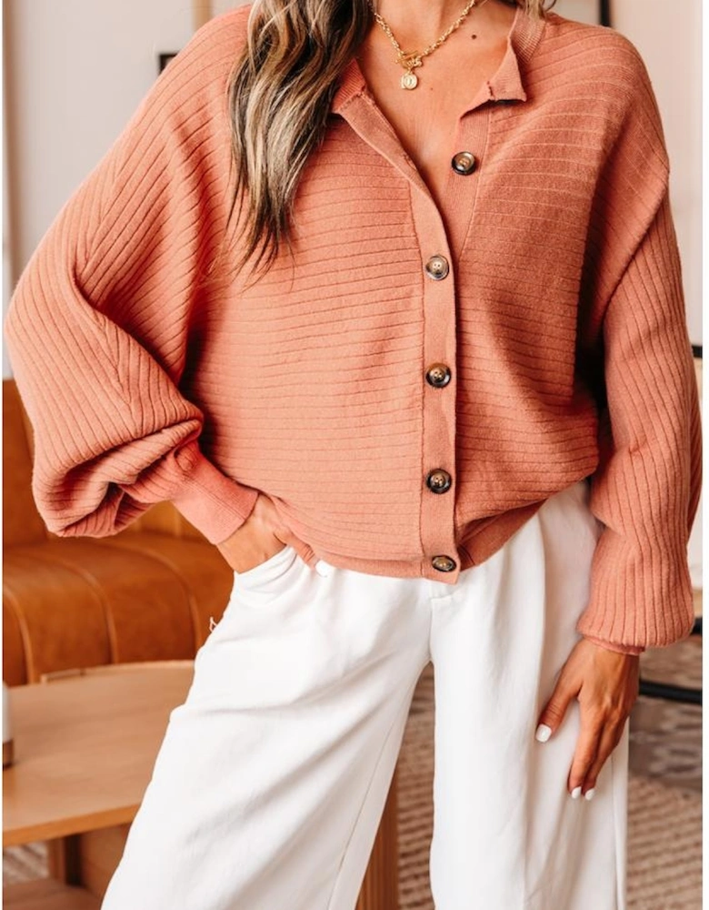 Apricot Pink Wide Rib Knit Button Front Dolman Sleeve Sweater Cardigan