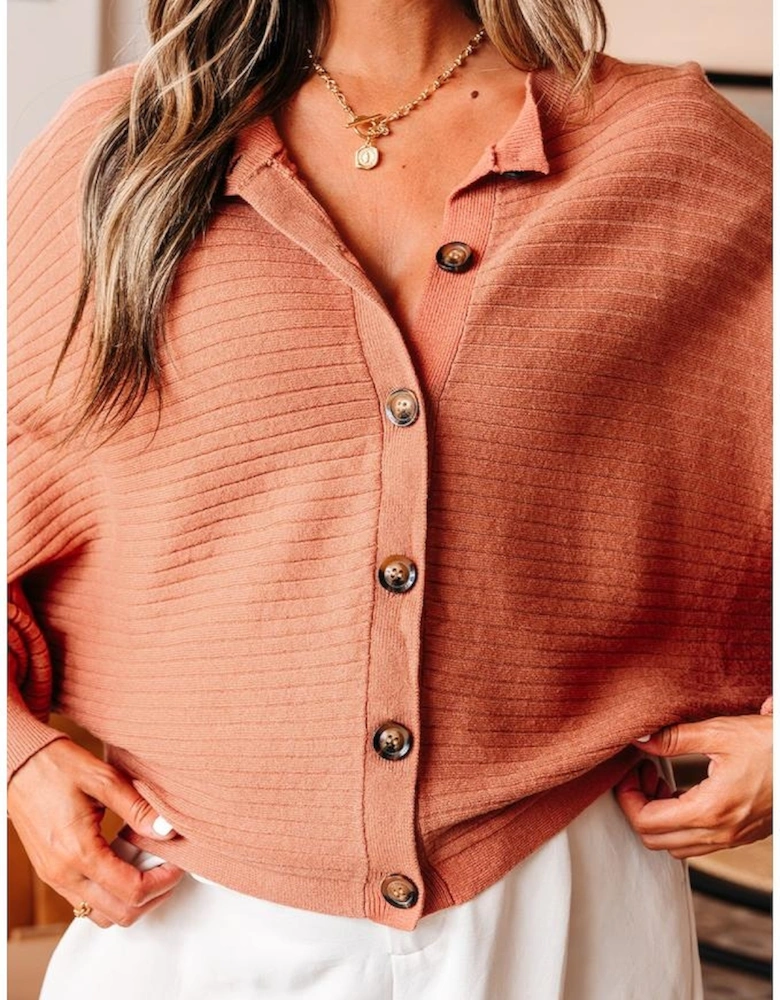 Apricot Pink Wide Rib Knit Button Front Dolman Sleeve Sweater Cardigan