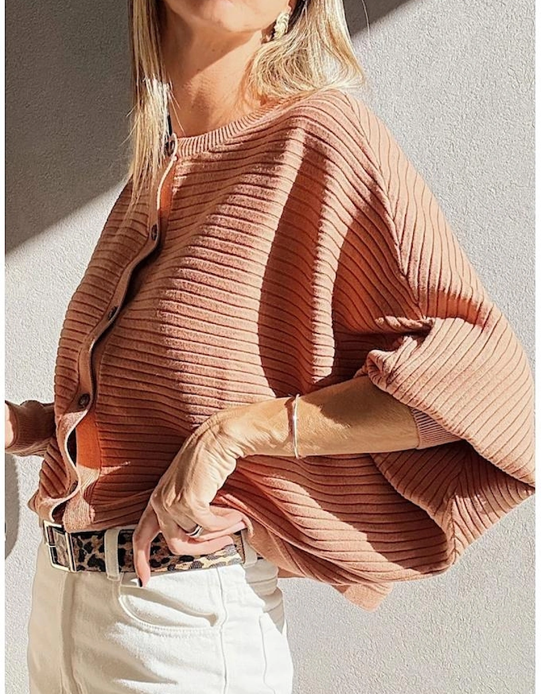 Apricot Pink Wide Rib Knit Button Front Dolman Sleeve Sweater Cardigan