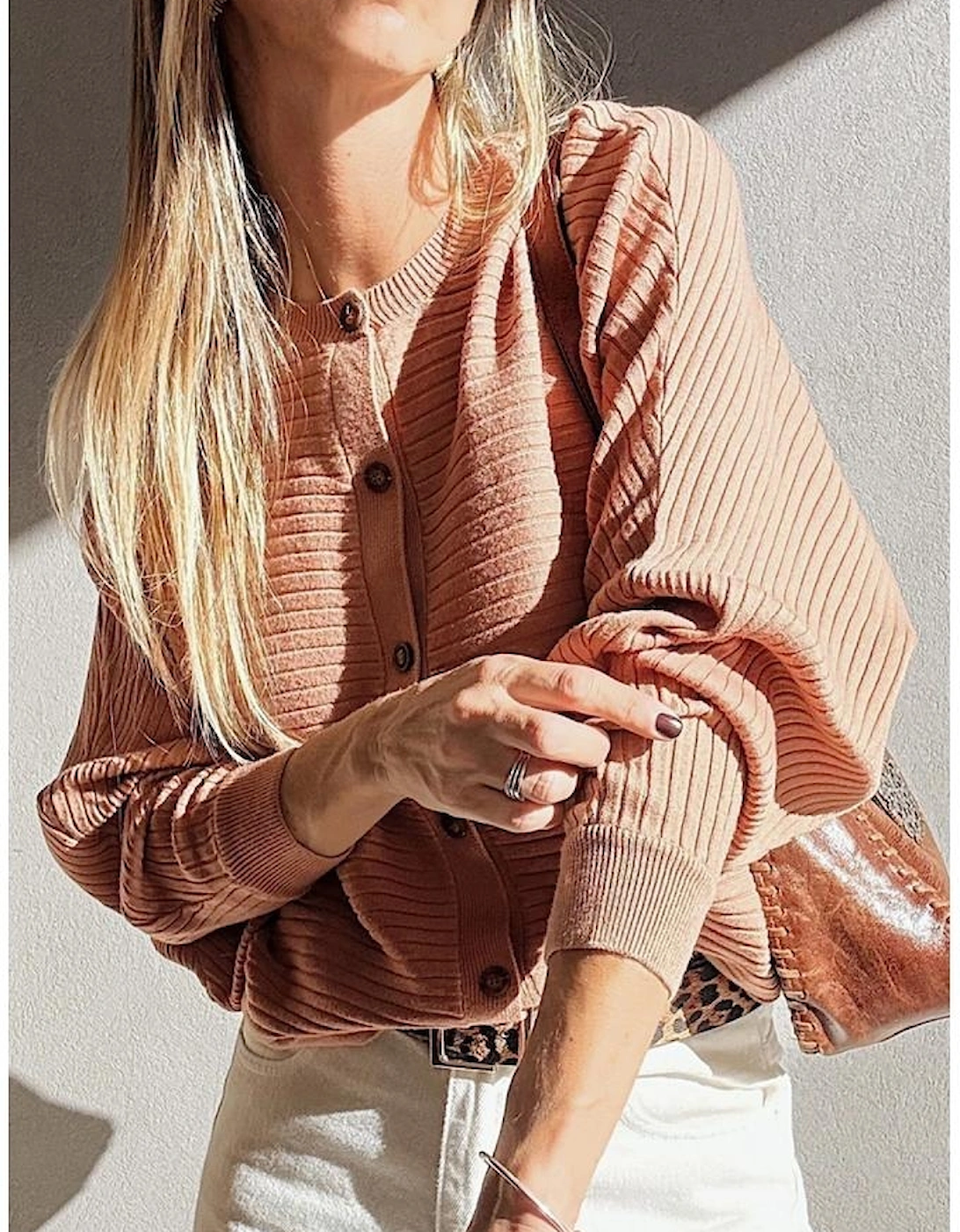Apricot Pink Wide Rib Knit Button Front Dolman Sleeve Sweater Cardigan