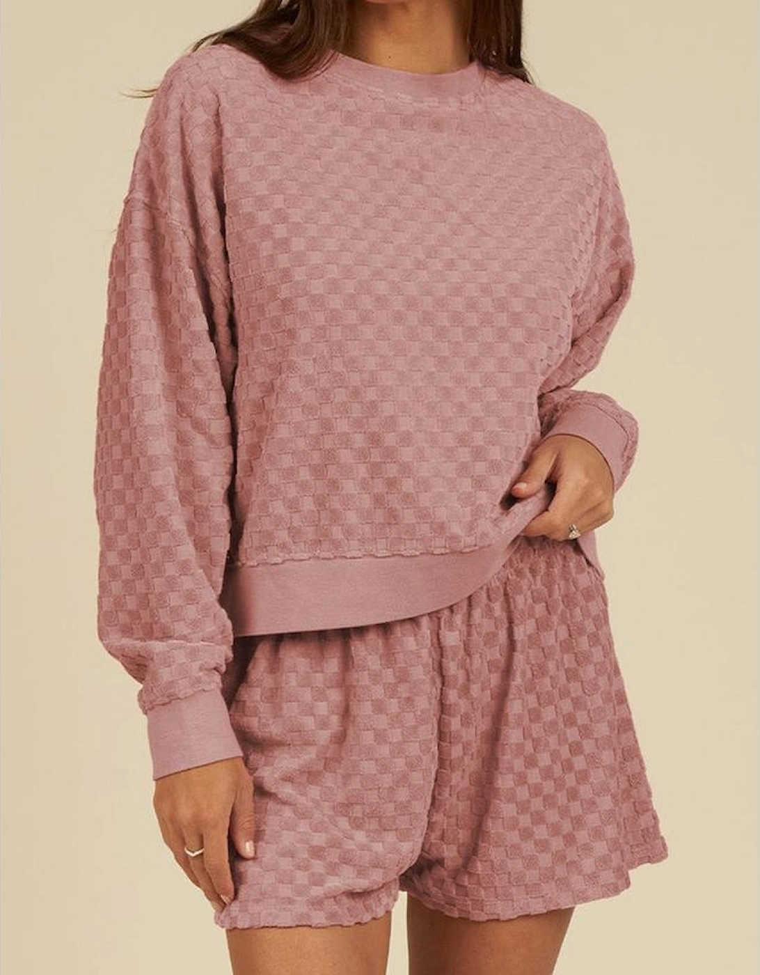 Blossom Checkered Textured Long Sleeve Top and Shorts Set, 11 of 10