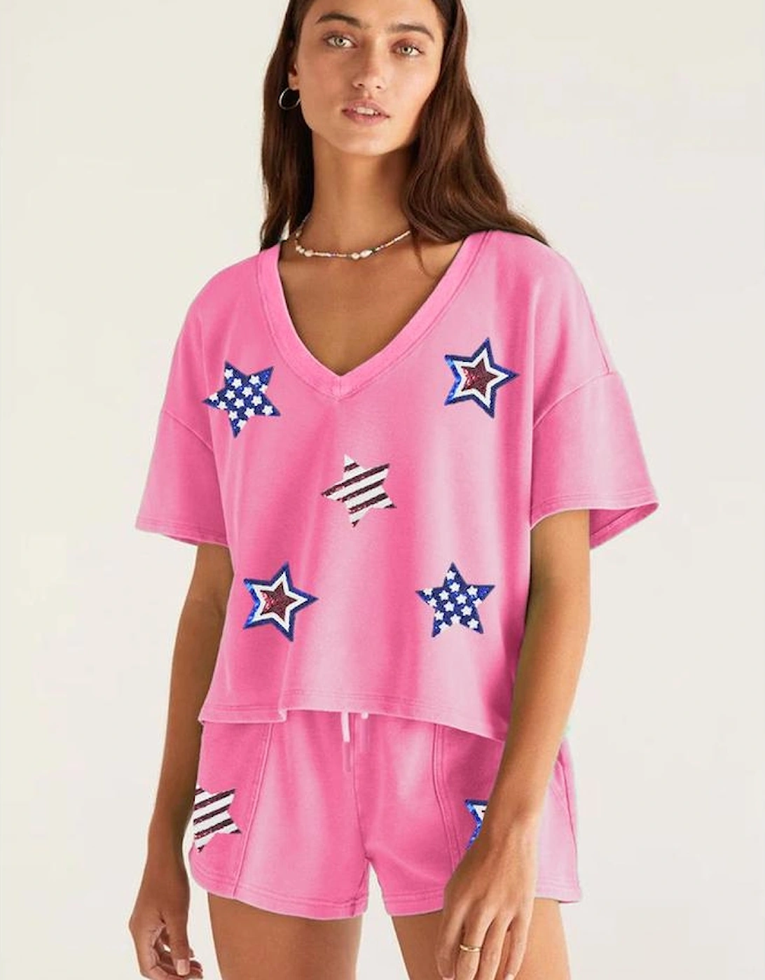 Bonbon Sequin American Flag Star Patch V Neck Tee and Short Set, 5 of 4