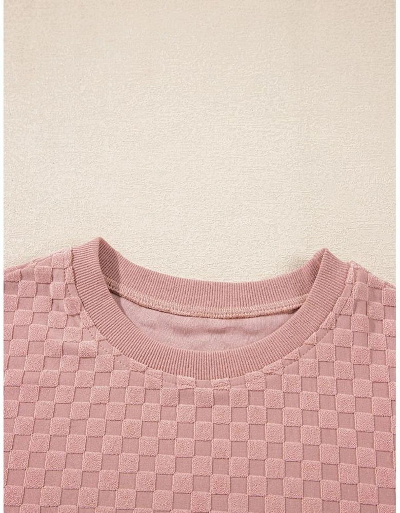 Blossom Checkered Textured Long Sleeve Top and Shorts Set