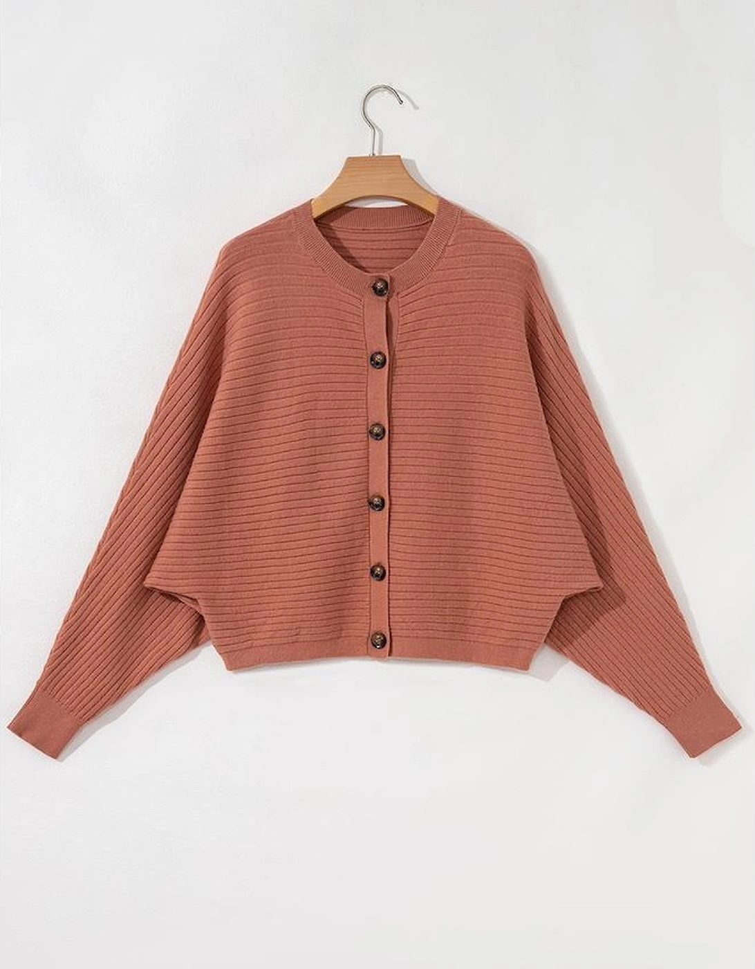 Apricot Pink Wide Rib Knit Button Front Dolman Sleeve Sweater Cardigan