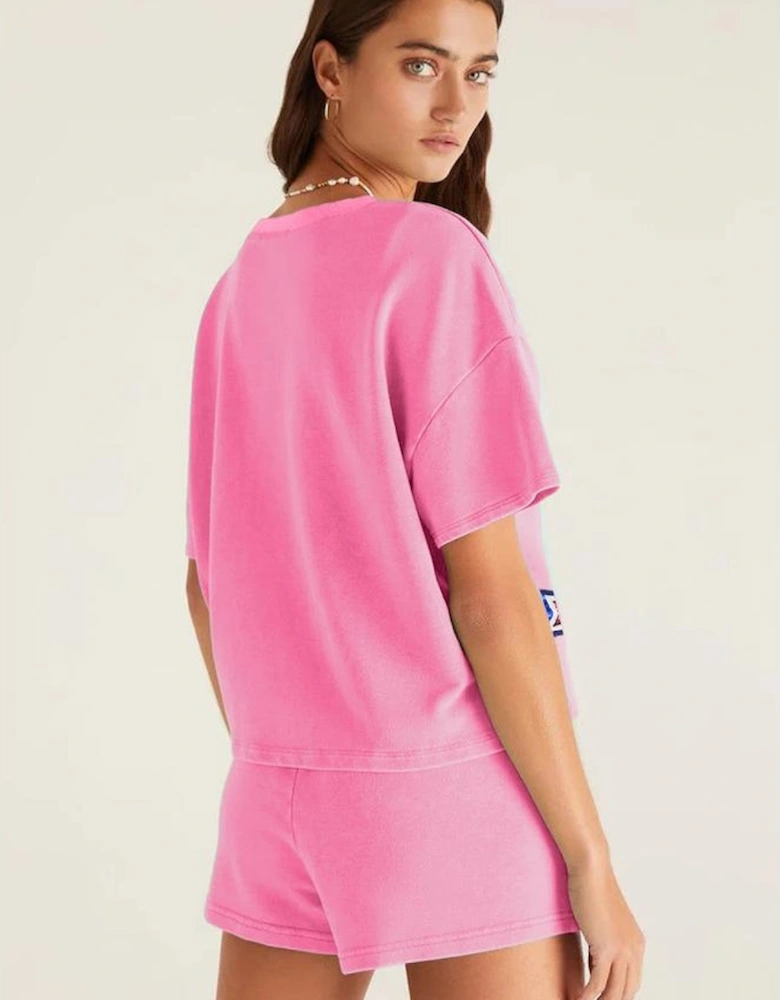 Bonbon Sequin American Flag Star Patch V Neck Tee and Short Set