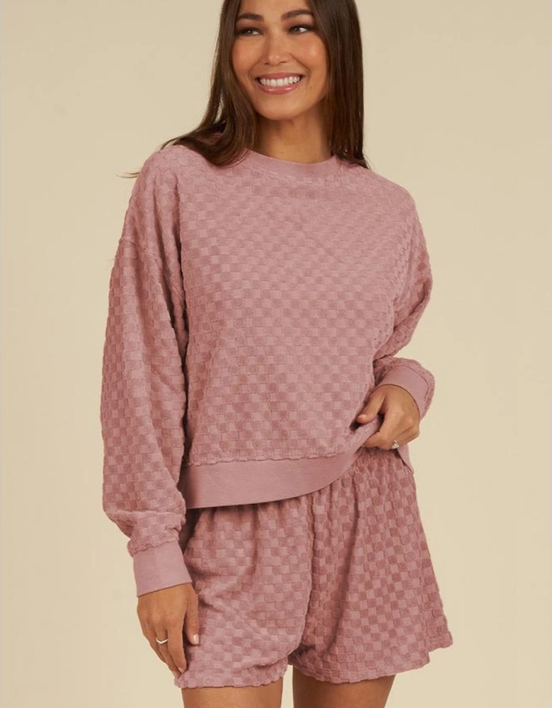 Blossom Checkered Textured Long Sleeve Top and Shorts Set