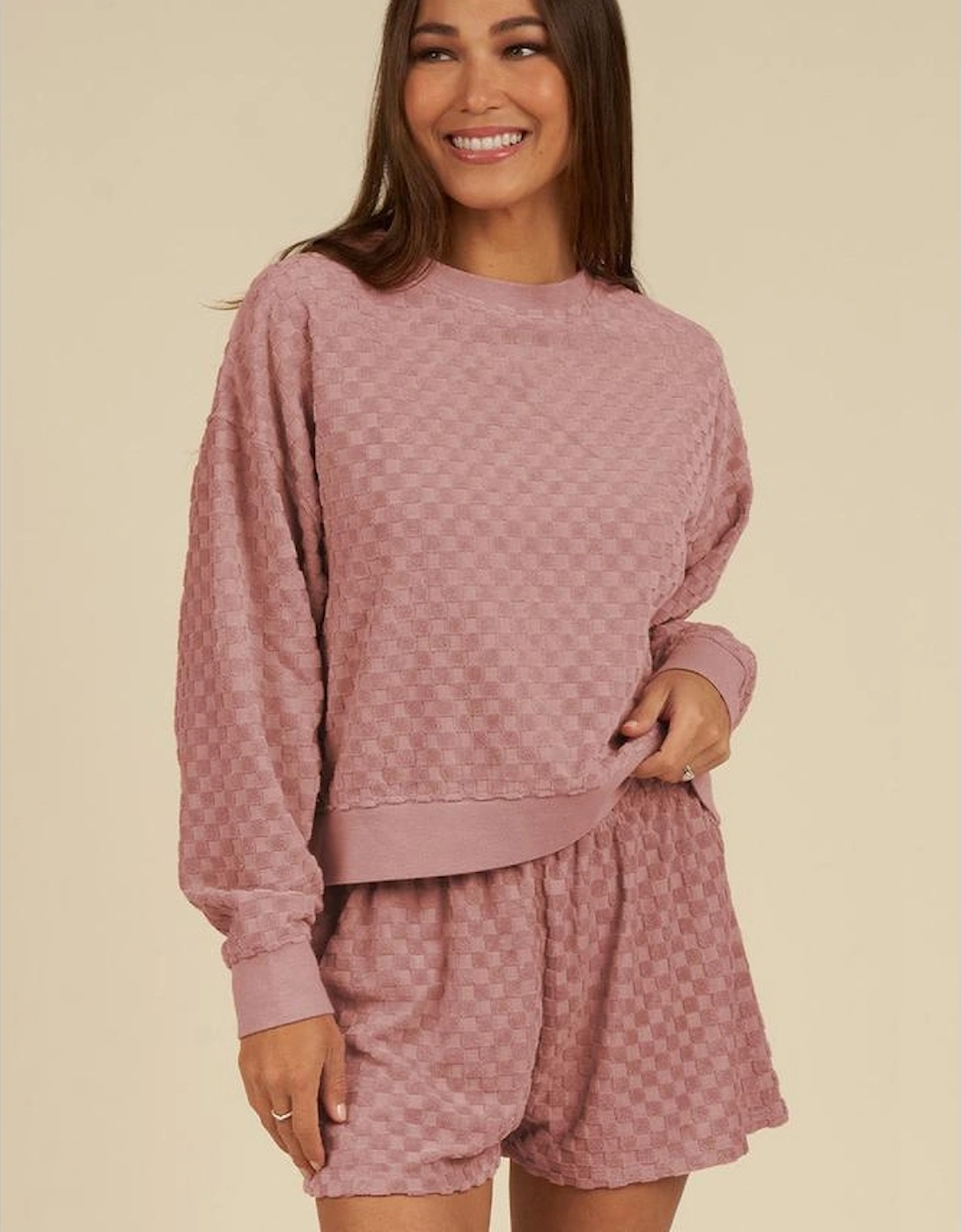 Blossom Checkered Textured Long Sleeve Top and Shorts Set
