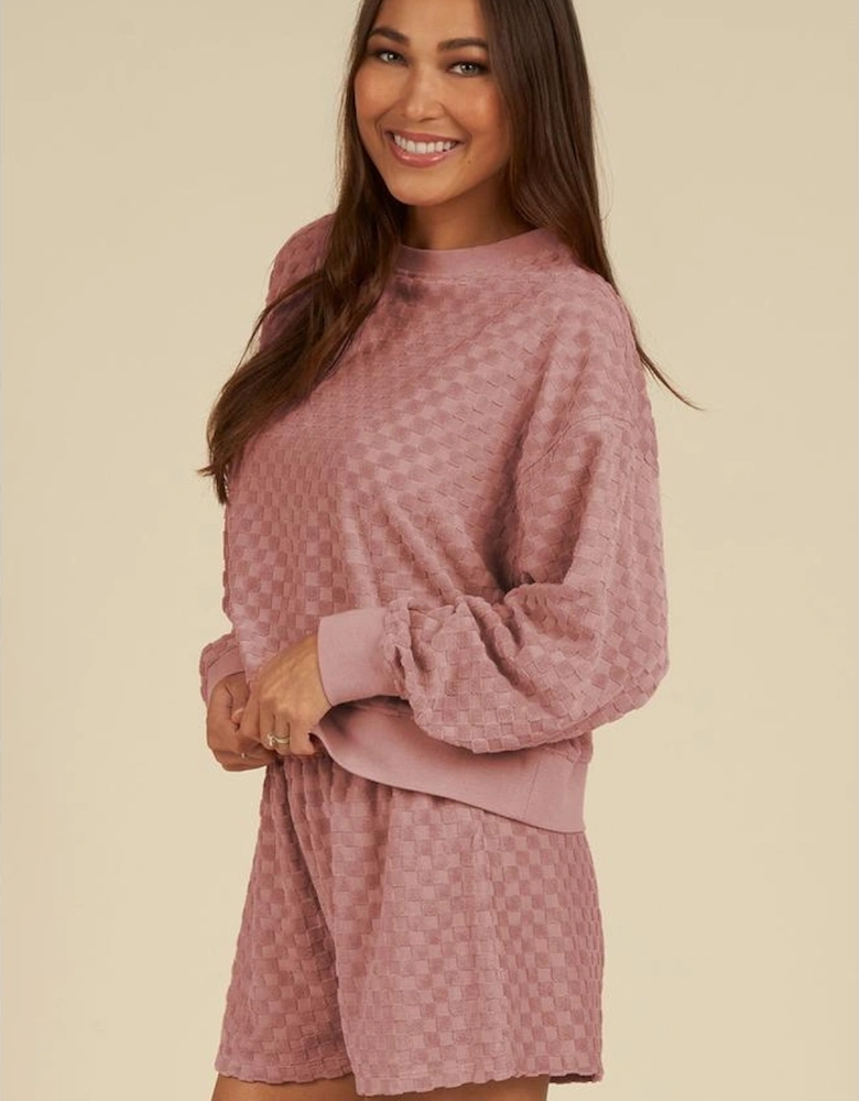 Blossom Checkered Textured Long Sleeve Top and Shorts Set