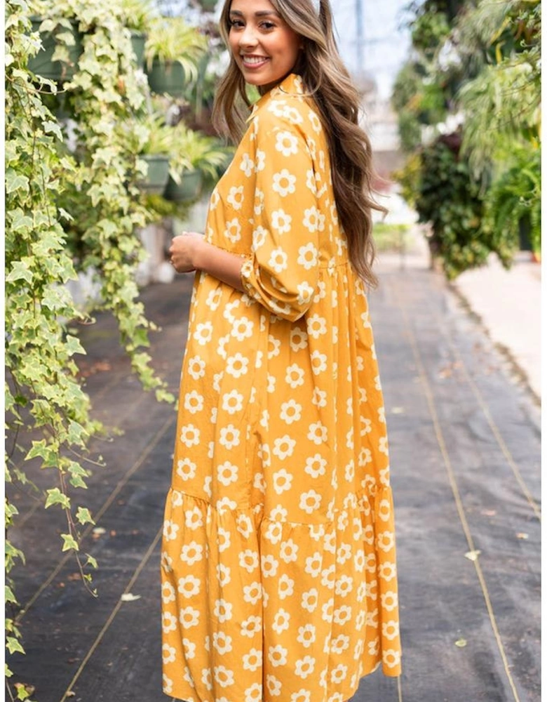 Yellow Flower Print Bracelet Sleeve Buttons Collared Maxi Dress