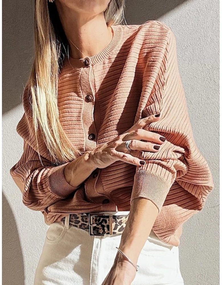 Apricot Pink Wide Rib Knit Button Front Dolman Sleeve Sweater Cardigan