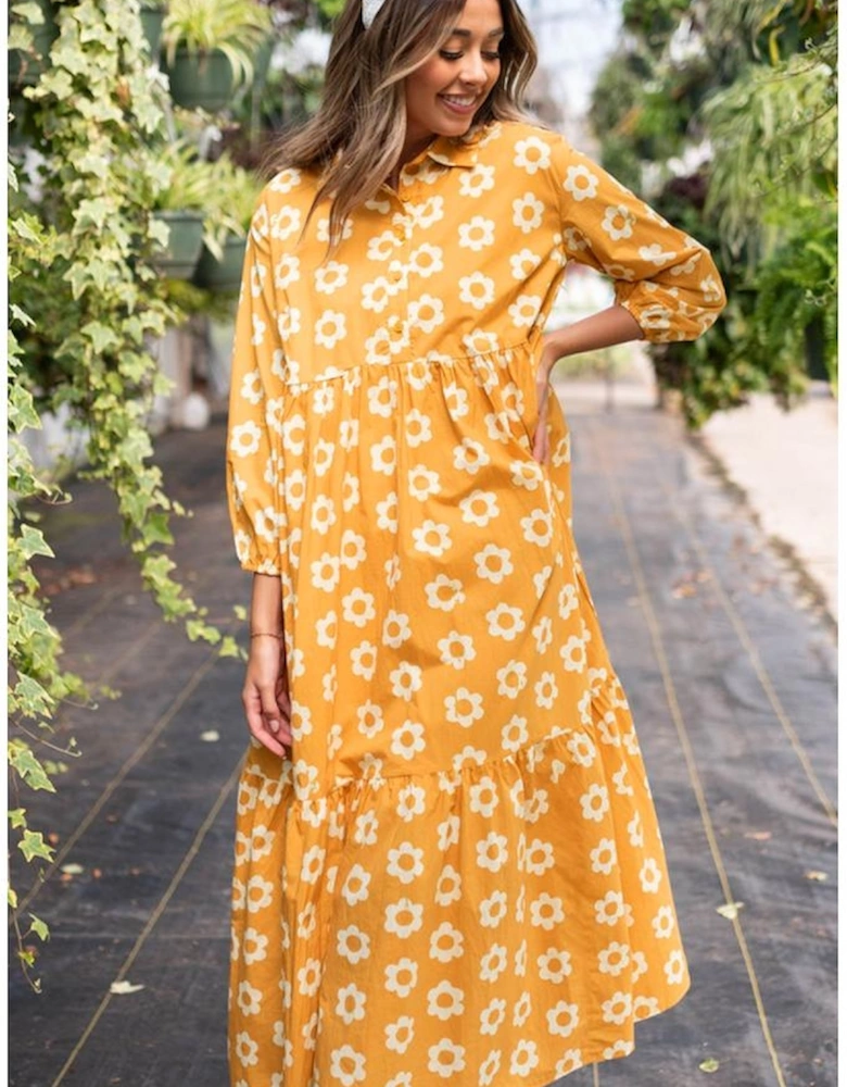 Yellow Flower Print Bracelet Sleeve Buttons Collared Maxi Dress