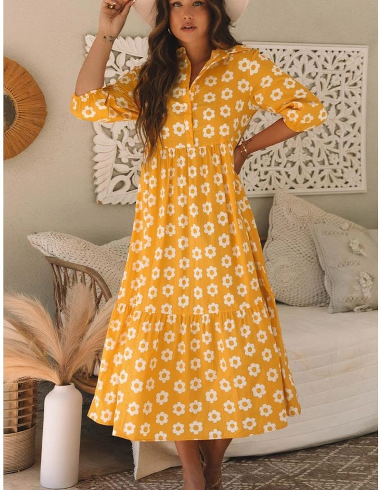 Yellow Flower Print Bracelet Sleeve Buttons Collared Maxi Dress