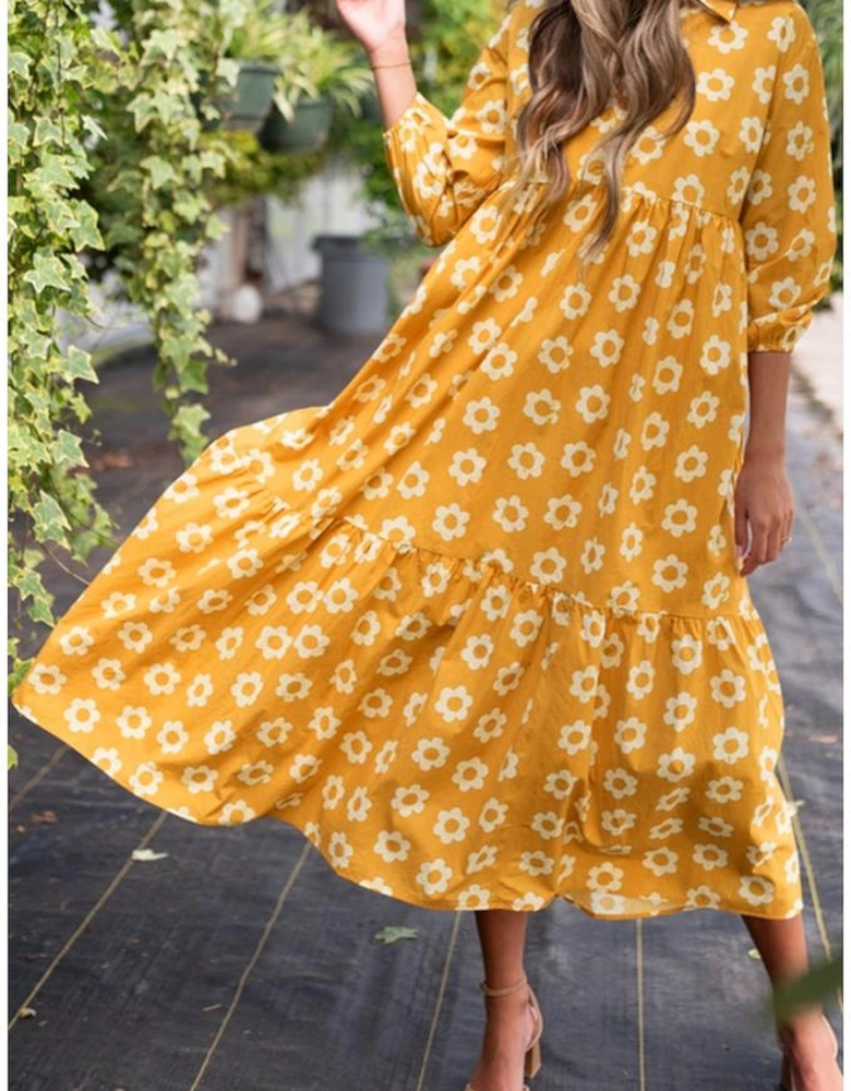 Yellow Flower Print Bracelet Sleeve Buttons Collared Maxi Dress