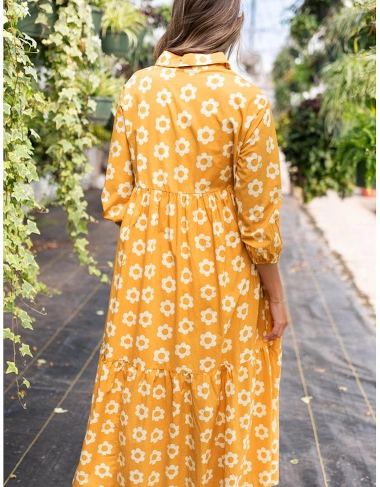 Yellow Flower Print Bracelet Sleeve Buttons Collared Maxi Dress