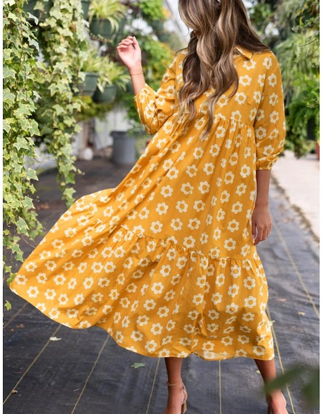 Yellow Flower Print Bracelet Sleeve Buttons Collared Maxi Dress