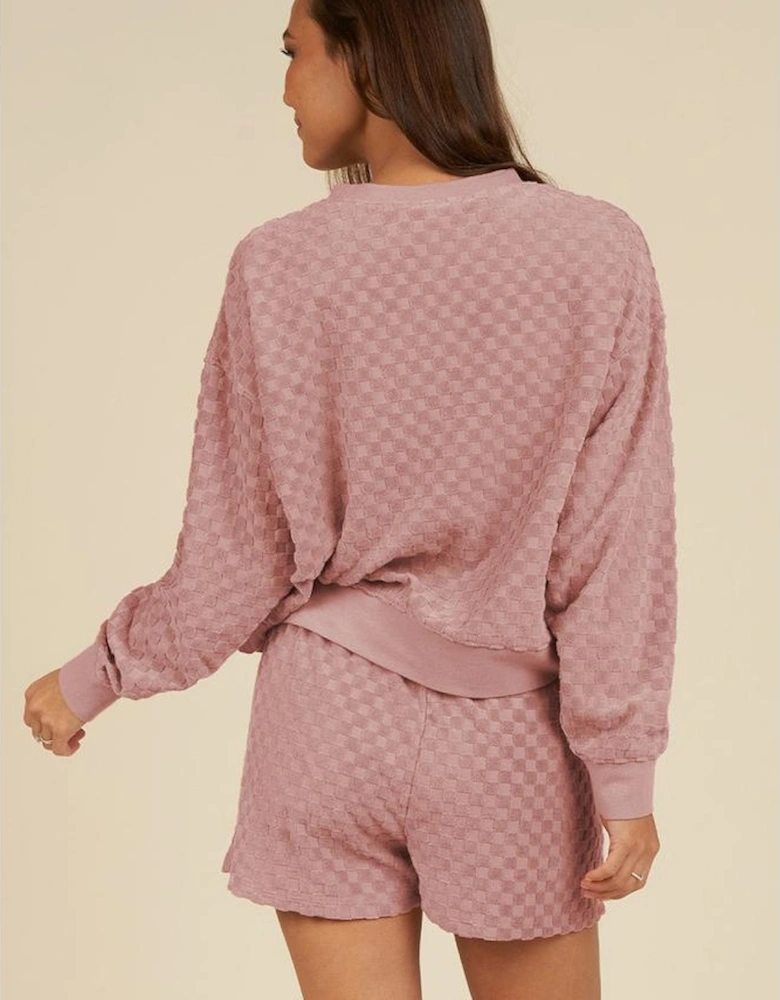 Blossom Checkered Textured Long Sleeve Top and Shorts Set