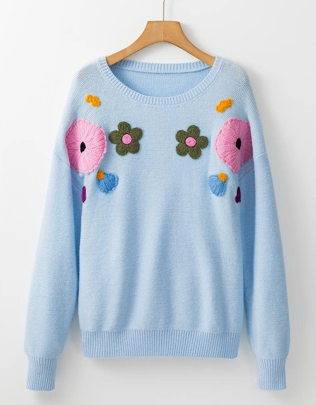 Light Blue Knitted Flower Pattern Ribbed Edge Sweater