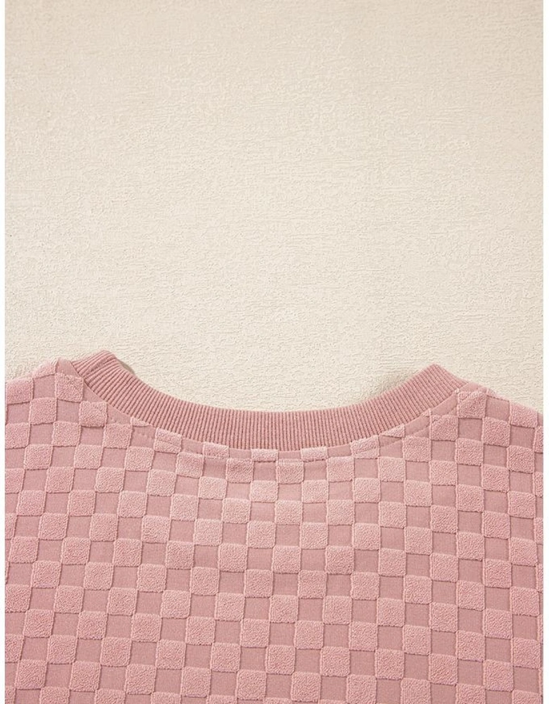 Blossom Checkered Textured Long Sleeve Top and Shorts Set