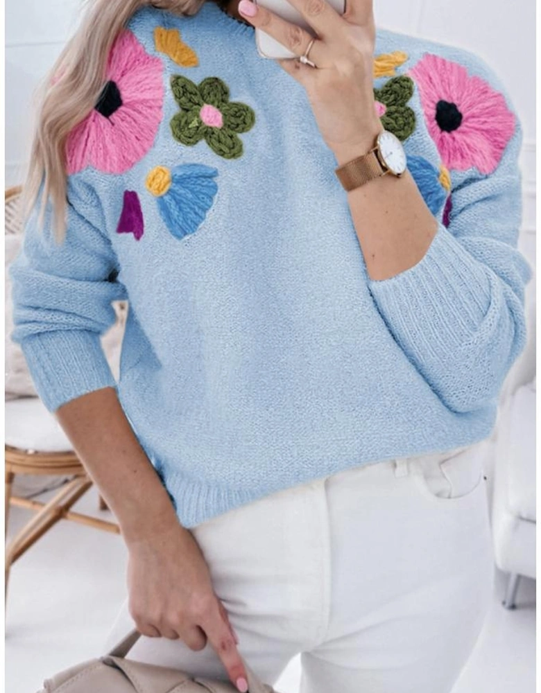 Light Blue Knitted Flower Pattern Ribbed Edge Sweater