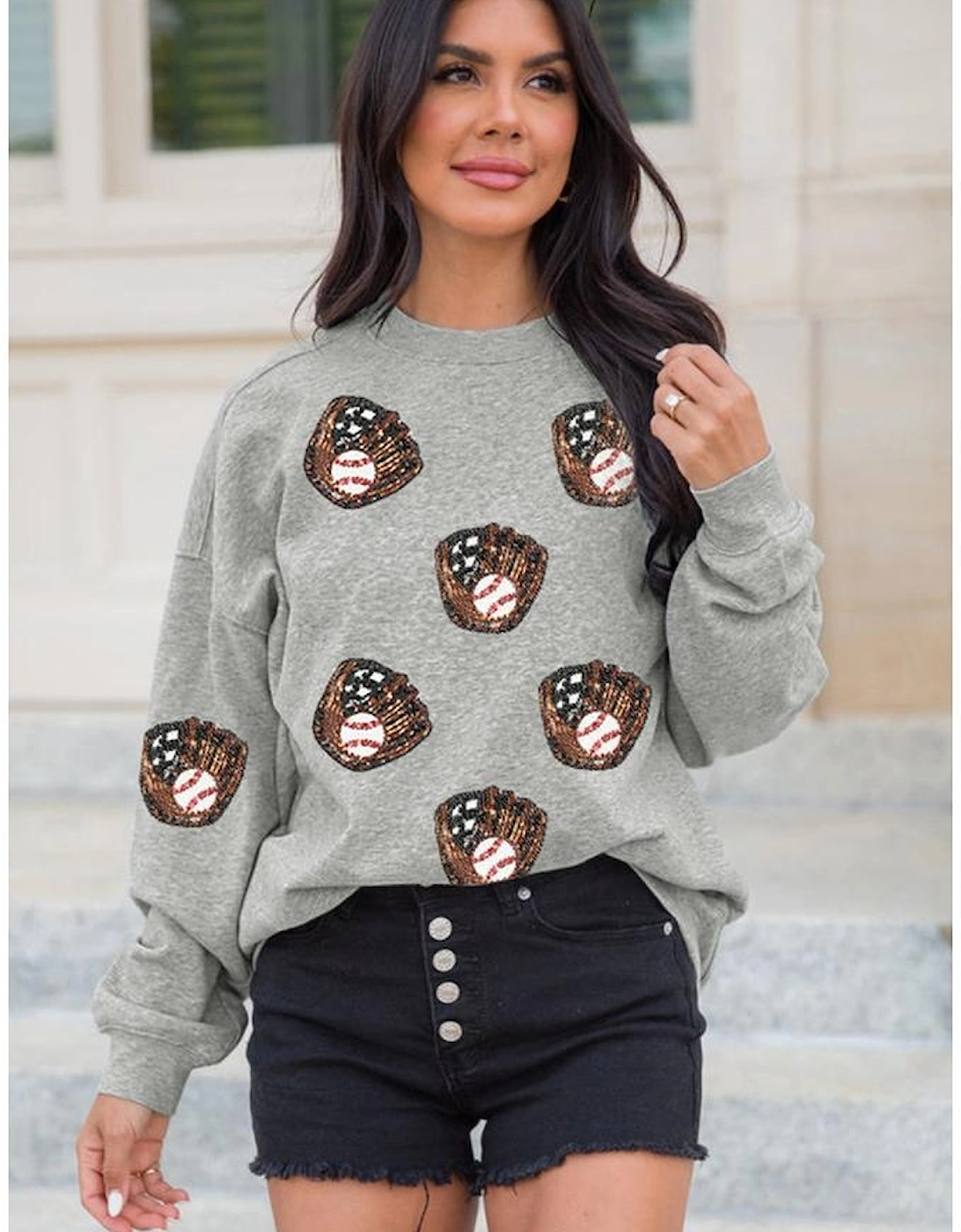 Gray Sequin Baseball Patched Casual Sweatshirt