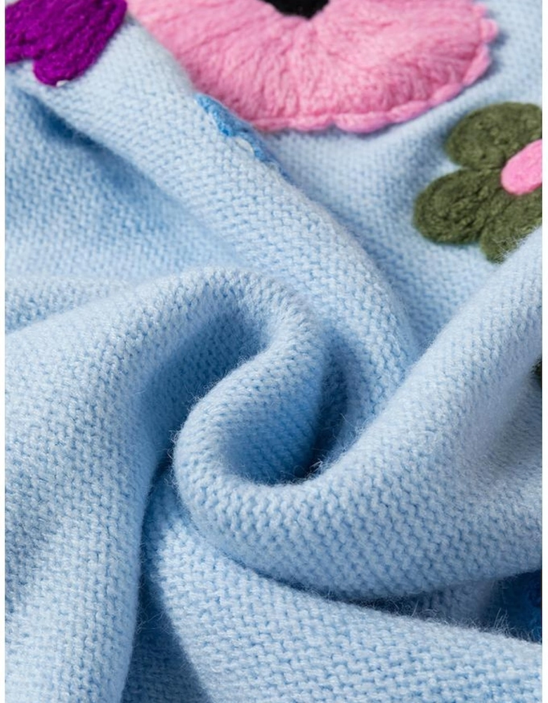 Light Blue Knitted Flower Pattern Ribbed Edge Sweater