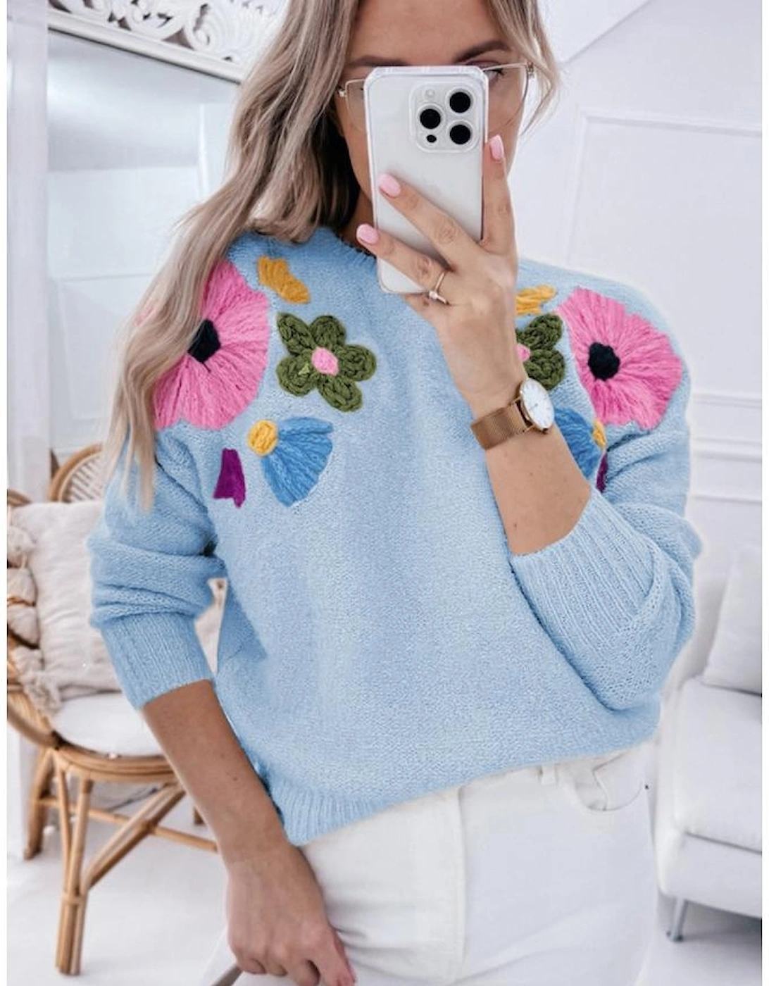 Light Blue Knitted Flower Pattern Ribbed Edge Sweater