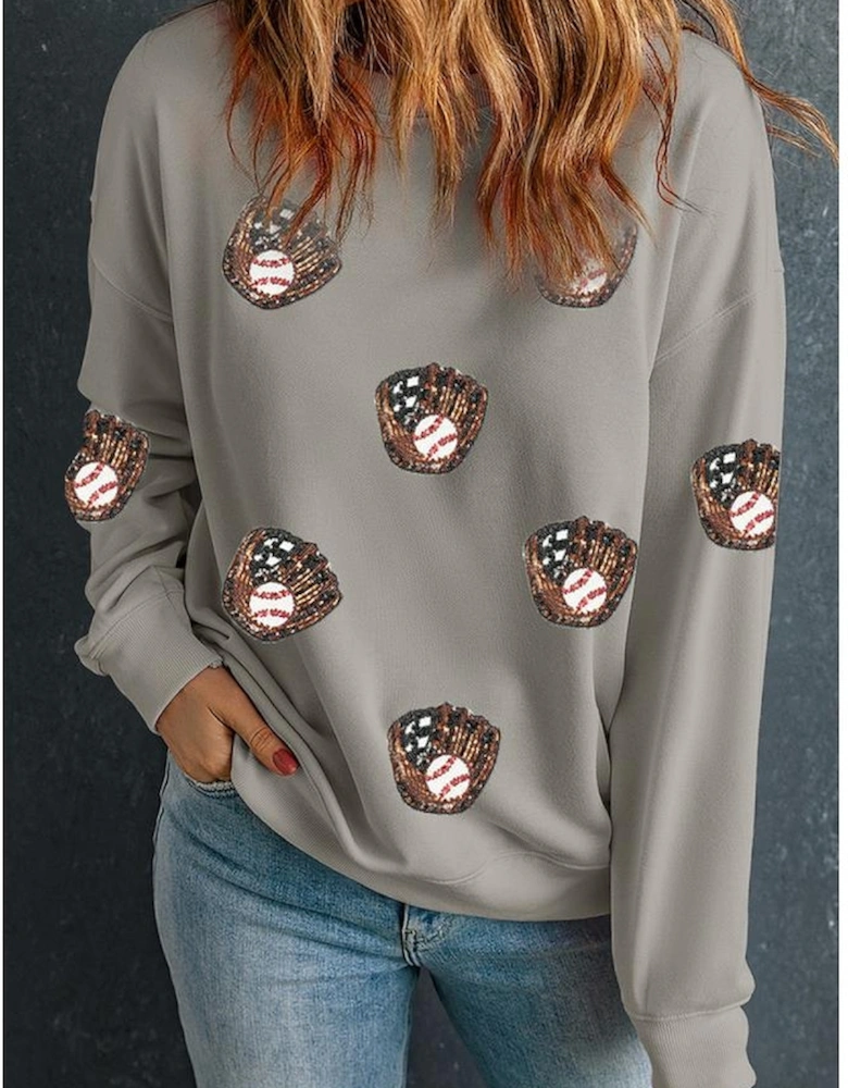 Gray Sequin Baseball Patched Casual Sweatshirt
