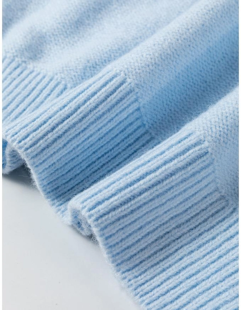 Light Blue Knitted Flower Pattern Ribbed Edge Sweater