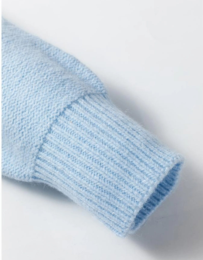 Light Blue Knitted Flower Pattern Ribbed Edge Sweater