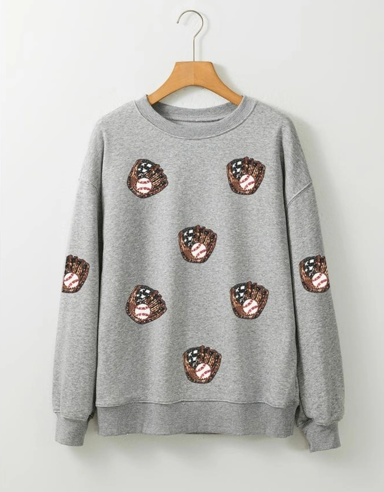 Gray Sequin Baseball Patched Casual Sweatshirt