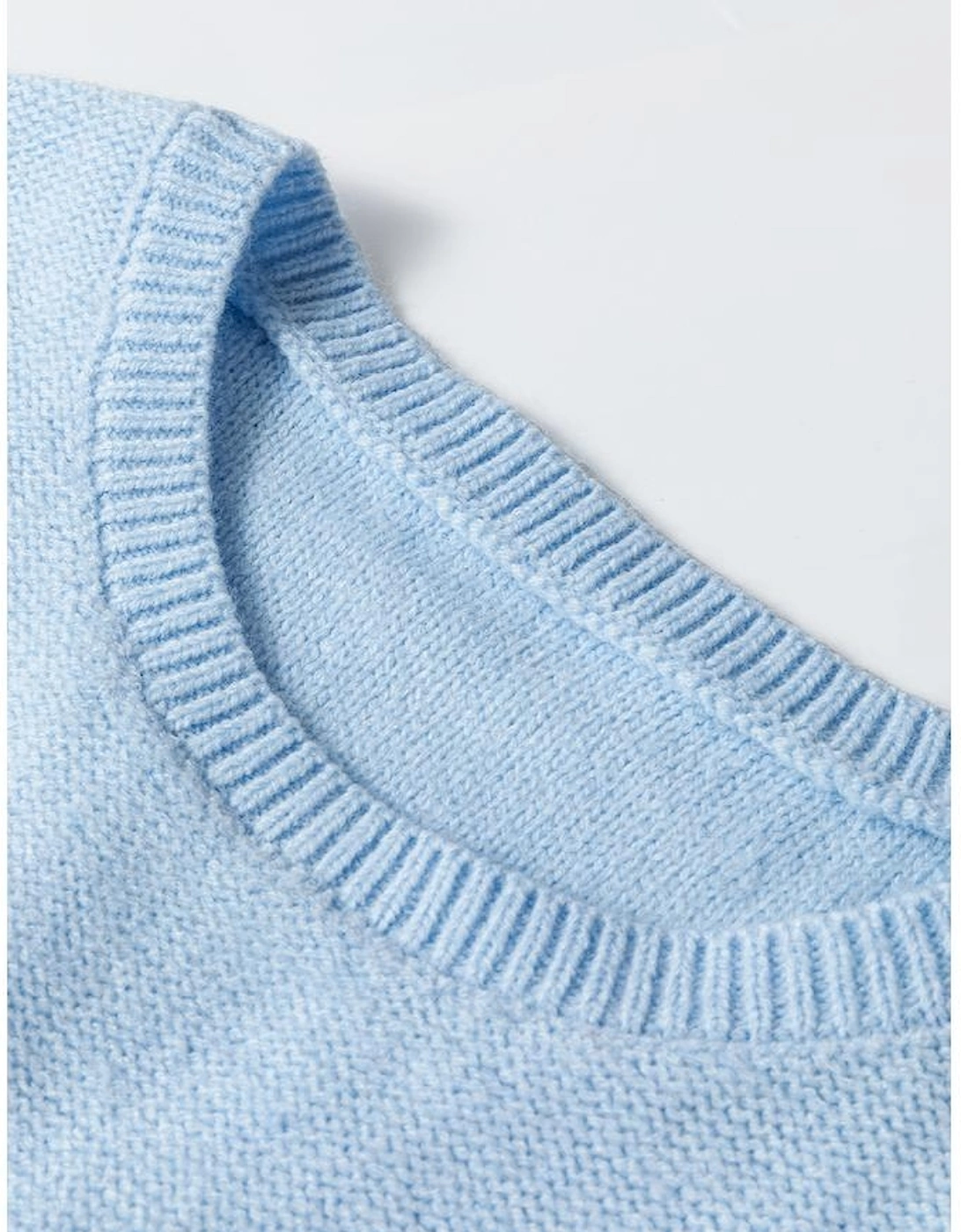 Light Blue Knitted Flower Pattern Ribbed Edge Sweater