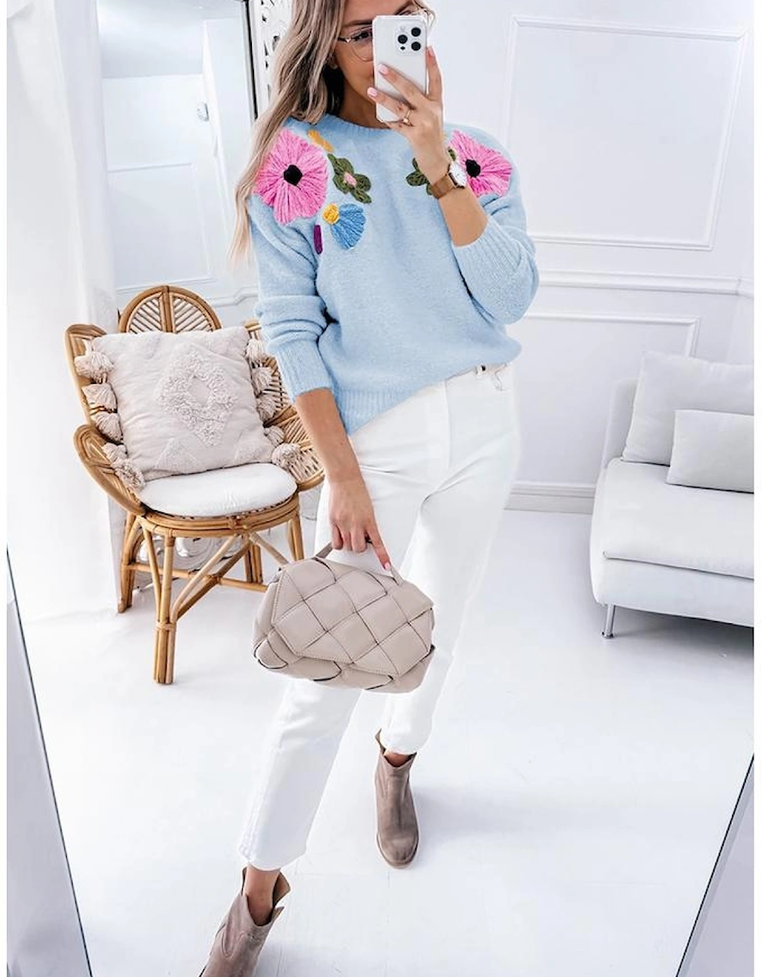 Light Blue Knitted Flower Pattern Ribbed Edge Sweater