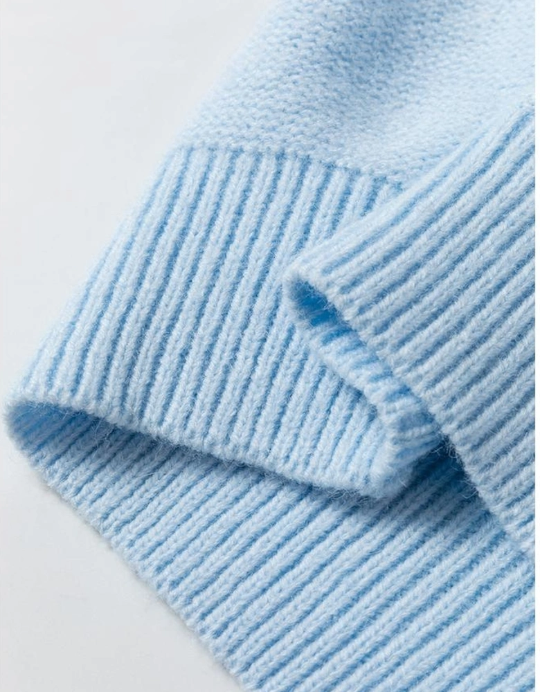 Light Blue Knitted Flower Pattern Ribbed Edge Sweater