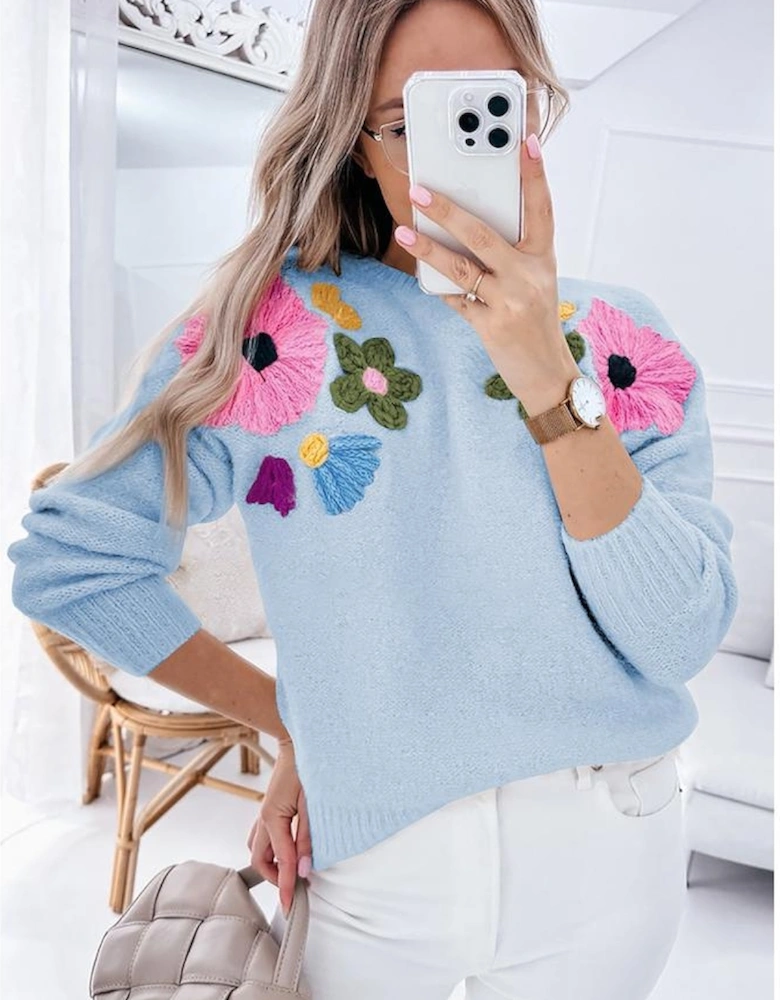 Light Blue Knitted Flower Pattern Ribbed Edge Sweater