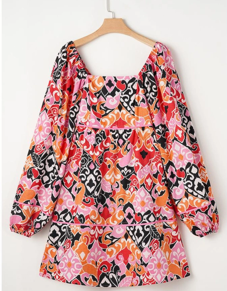 Pink Bohemian Square Neck Puff Sleeve Mini Dress