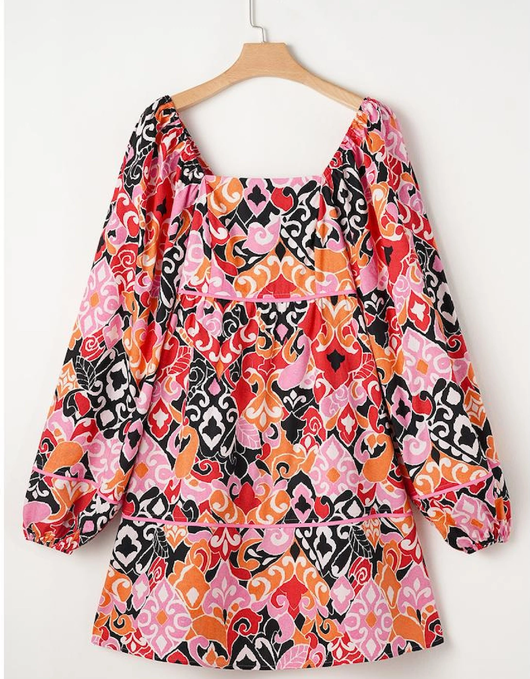 Pink Bohemian Square Neck Puff Sleeve Mini Dress