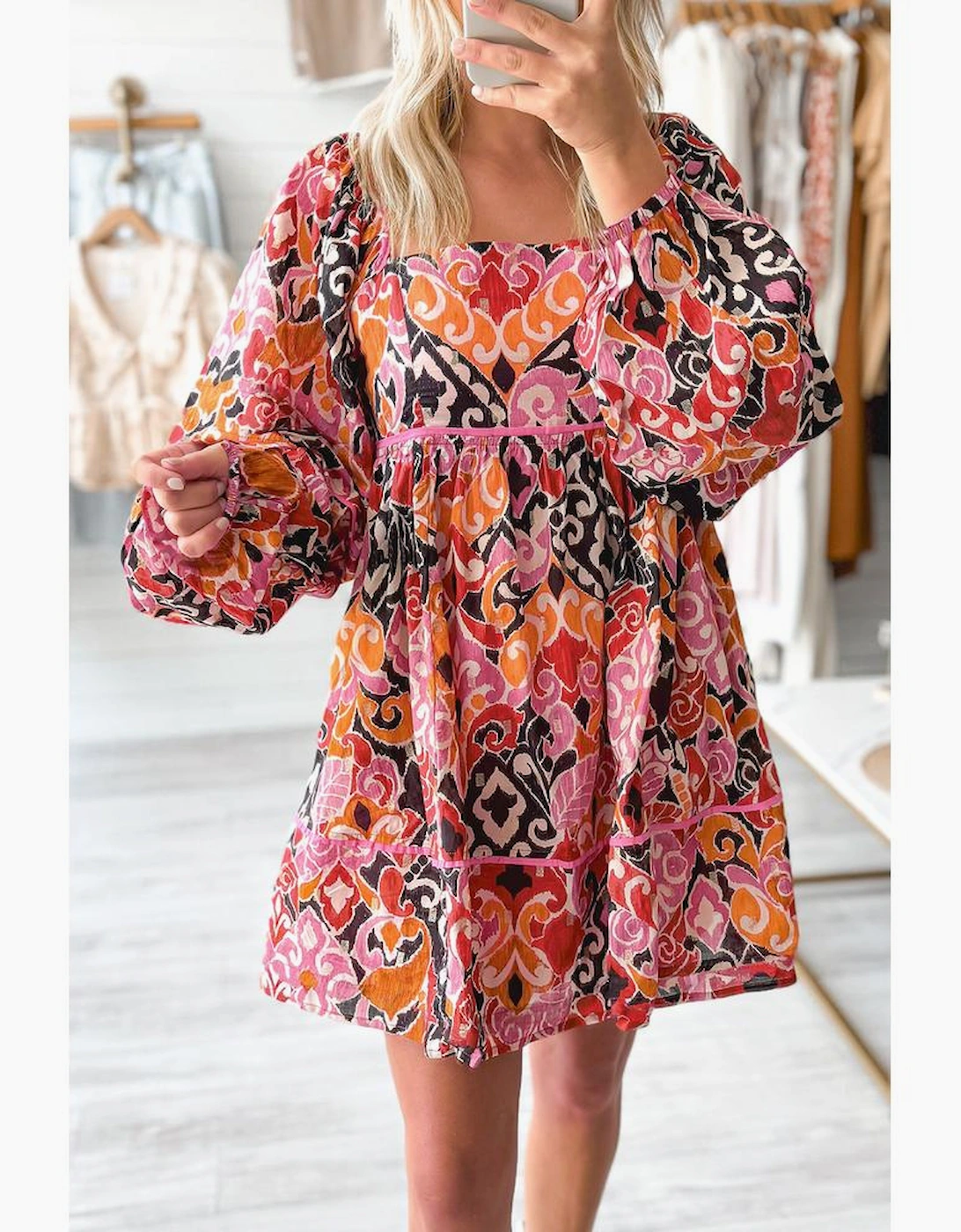 Pink Bohemian Square Neck Puff Sleeve Mini Dress