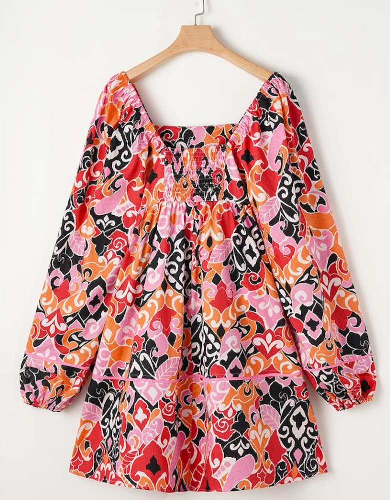 Pink Bohemian Square Neck Puff Sleeve Mini Dress