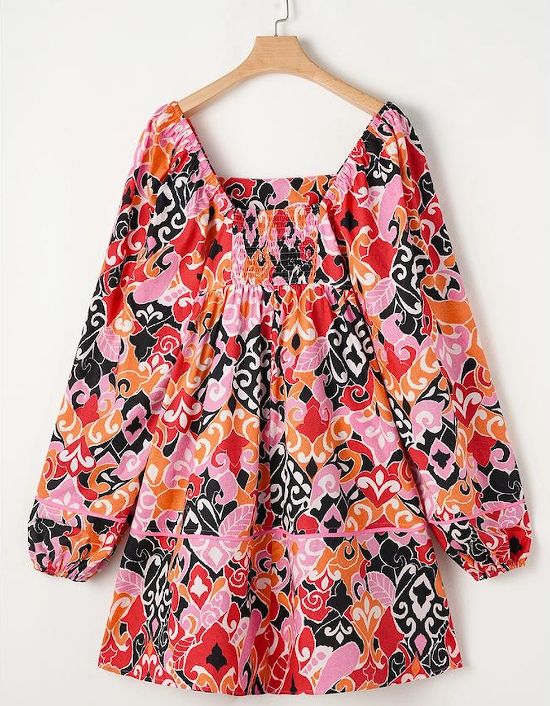 Pink Bohemian Square Neck Puff Sleeve Mini Dress