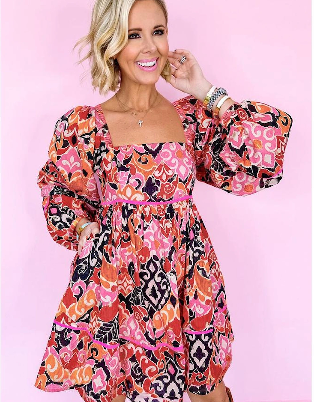 Pink Bohemian Square Neck Puff Sleeve Mini Dress