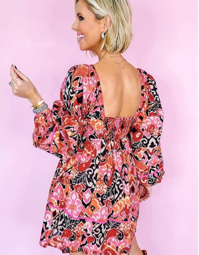 Pink Bohemian Square Neck Puff Sleeve Mini Dress