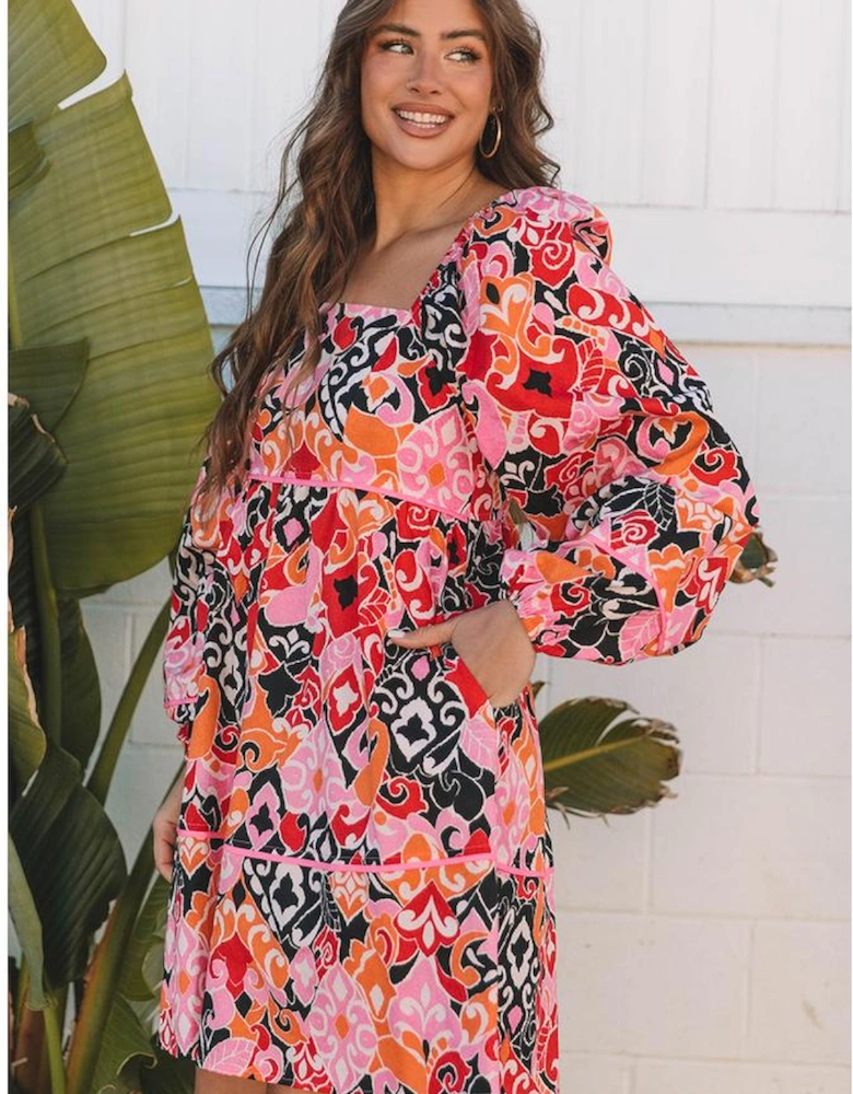 Pink Bohemian Square Neck Puff Sleeve Mini Dress