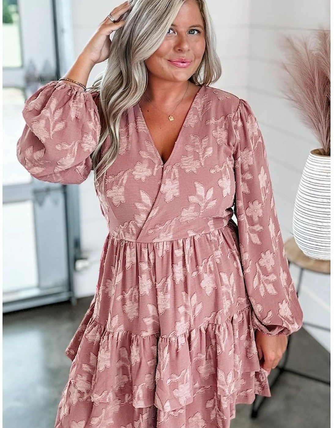 Peach Blossom Floral Surplice V Neck Tiered Ruffled Plus Size Dress