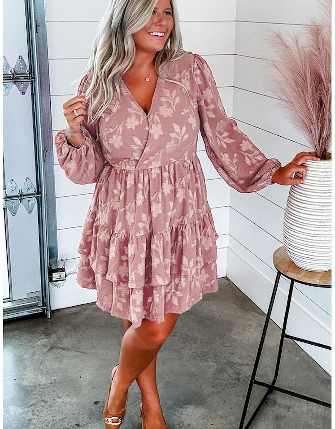 Peach Blossom Floral Surplice V Neck Tiered Ruffled Plus Size Dress